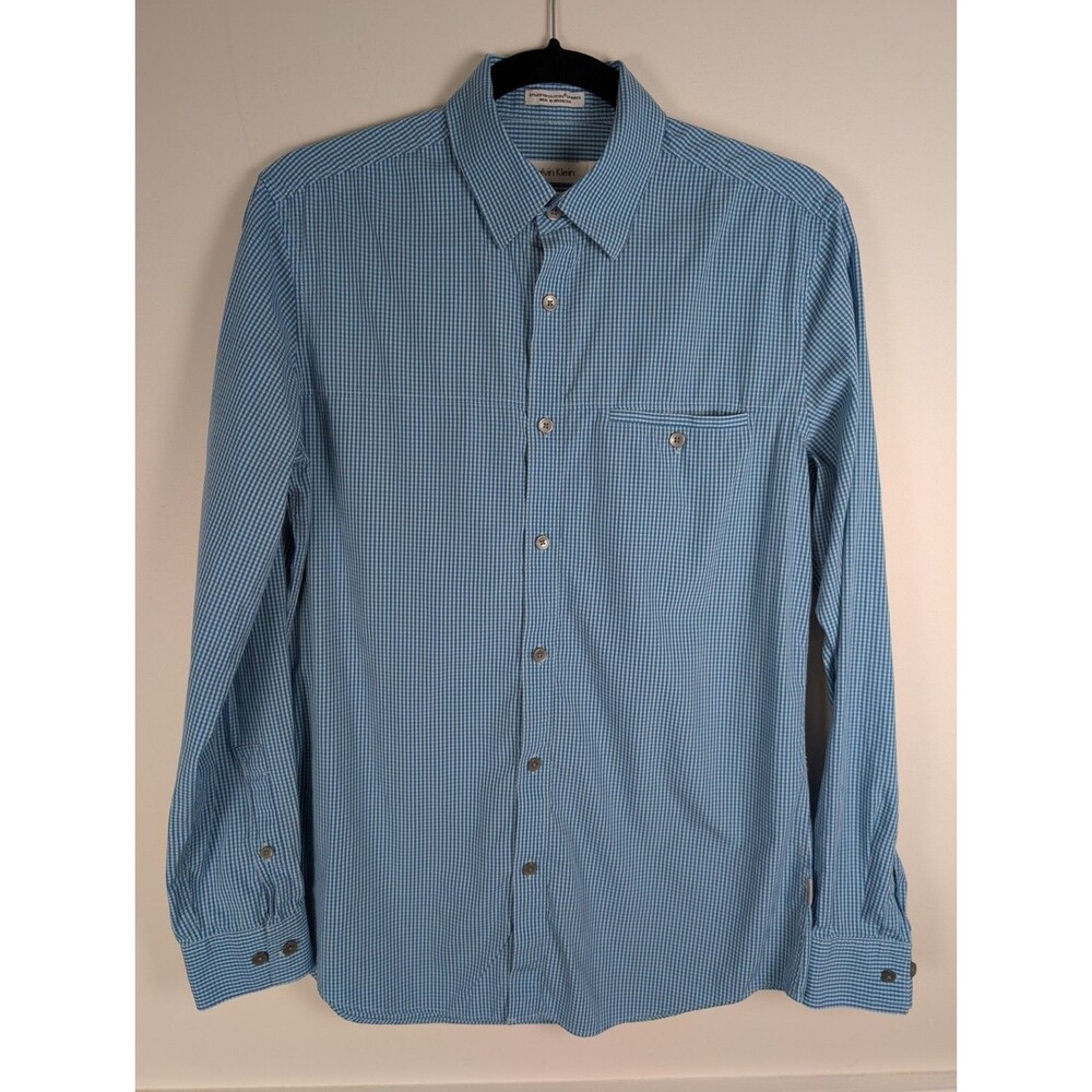 Calvin Klein Mens Slim Fit Stretch Checkered Button-Down Shirt Blue Size Small
